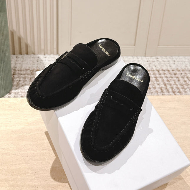 YSL 25S LOAFER MULE IN BLACK SUEDE