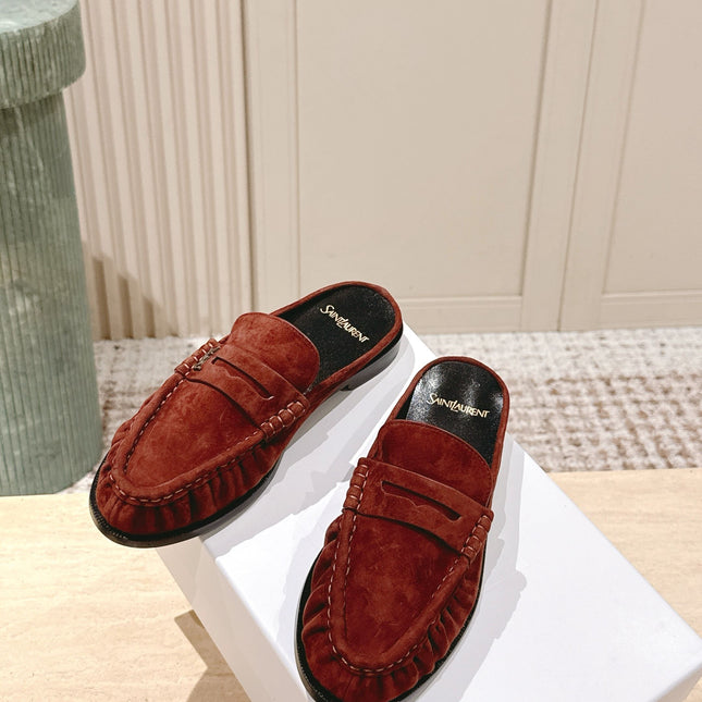YSL 25S LOAFER MULE IN DARK BRICK RED SUEDE