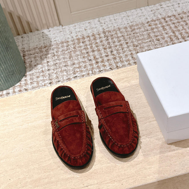 YSL 25S LOAFER MULE IN DARK BRICK RED SUEDE