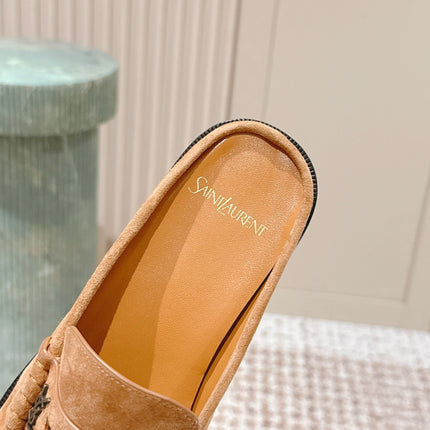YSL 25S LOAFER MULE IN CARAMEL SUEDE