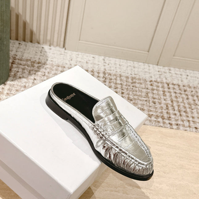 YSL 25S LOAFER MULE IN SILVER CALFSKIN