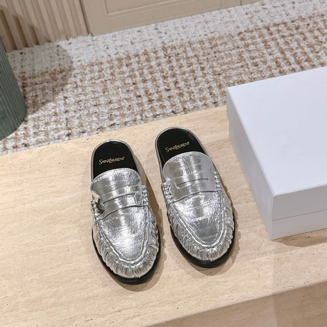 YSL 25S LOAFER MULE IN SILVER CALFSKIN