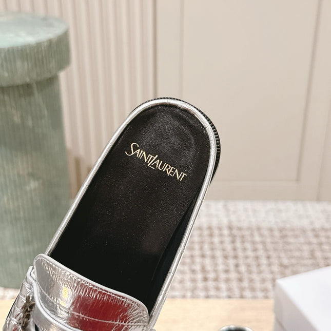 YSL 25S LOAFER MULE IN SILVER CALFSKIN