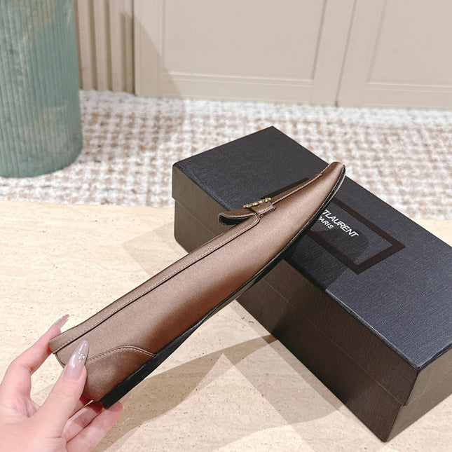 YSL 25S SAINT LAURENT POPPY BALLET FLATS IN TAUPE BROWN SILK