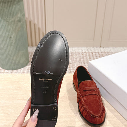 YSL 25S SAINT LAURENT LOAFERS IN DARK BRICK RED SUEDE WITH SMALL LOGO