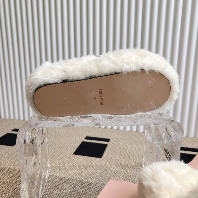 MULES IN WHITE RABBIT FUR SILVER HARDWARE