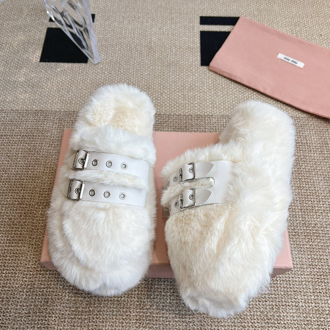 MULES IN WHITE RABBIT FUR SILVER HARDWARE