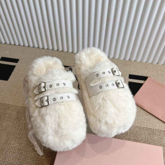 MULES IN WHITE RABBIT FUR SILVER HARDWARE