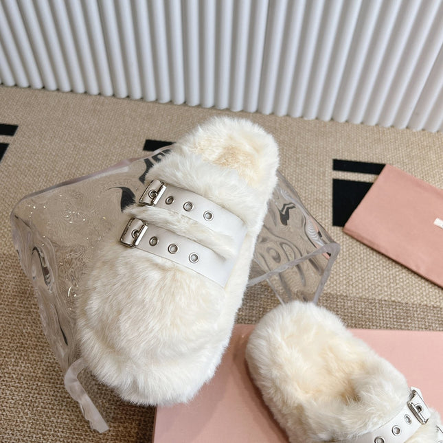 MULES IN WHITE RABBIT FUR SILVER HARDWARE