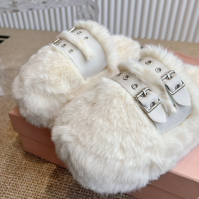 MULES IN WHITE RABBIT FUR SILVER HARDWARE