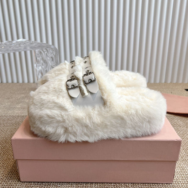 MULES IN WHITE RABBIT FUR SILVER HARDWARE