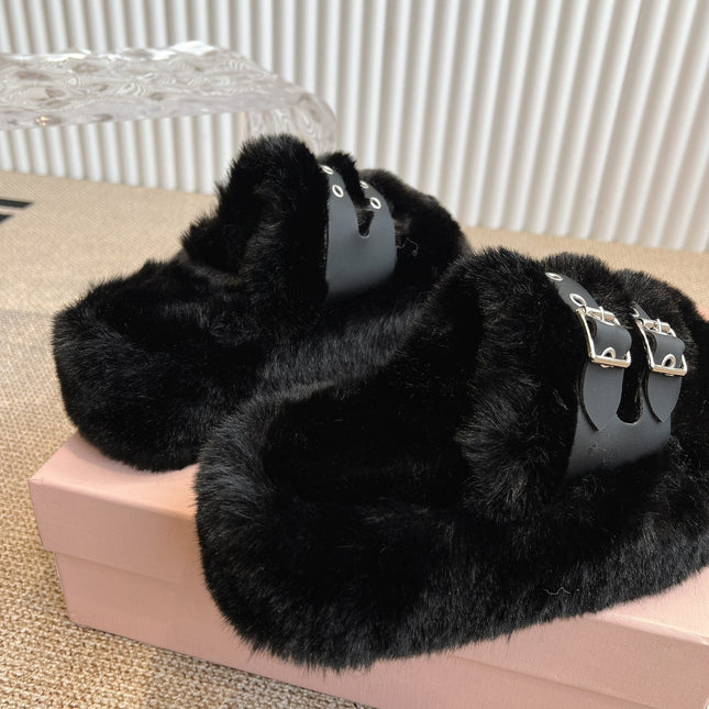 MULES IN BLACK RABBIT FUR SILVER HARDWARE