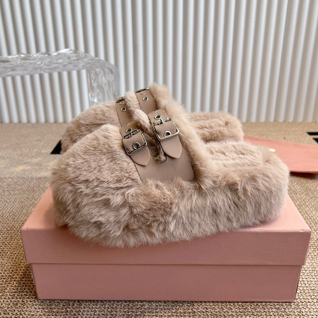 MULES IN BEIGE RABBIT FUR SILVER HARDWARE
