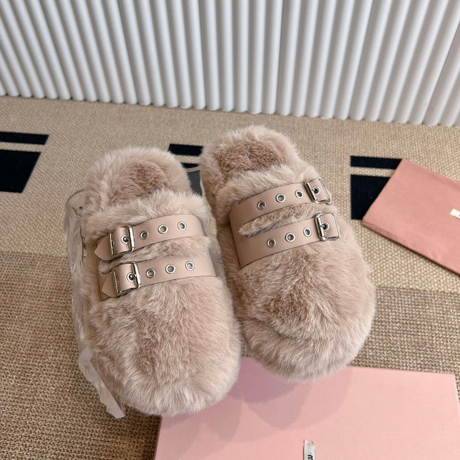 MULES IN BEIGE RABBIT FUR SILVER HARDWARE