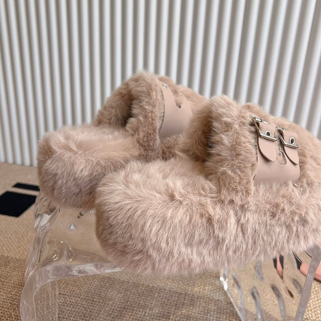 MULES IN BEIGE RABBIT FUR SILVER HARDWARE