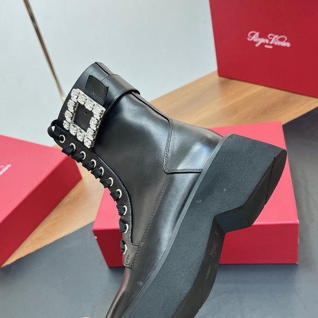 VIV' RANGERS STRASS BUCKLE BOOTS IN BLACK CALFSKIN EMBELLISHED BUCKLE