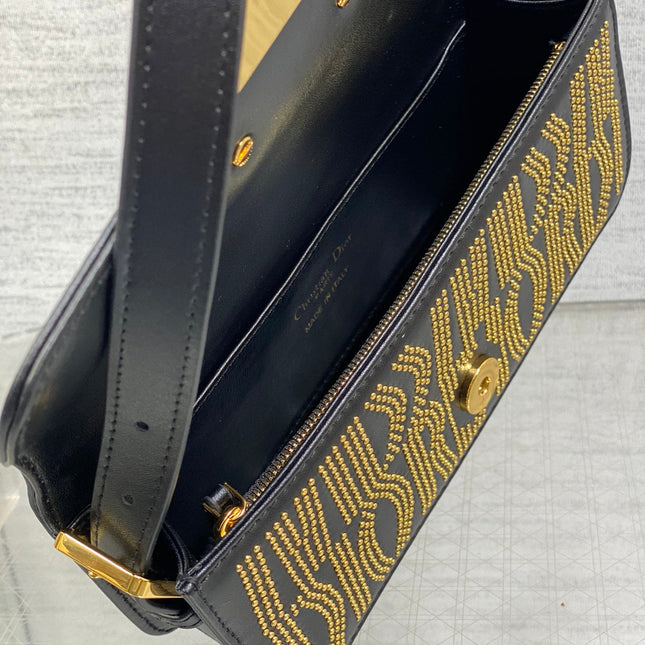 MINI FLAP BAG 18 IN BLACK LAMBSKIN WITH GOLD RHINSTONES