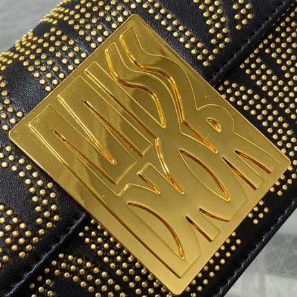 MINI FLAP BAG 18 IN BLACK LAMBSKIN WITH GOLD RHINSTONES