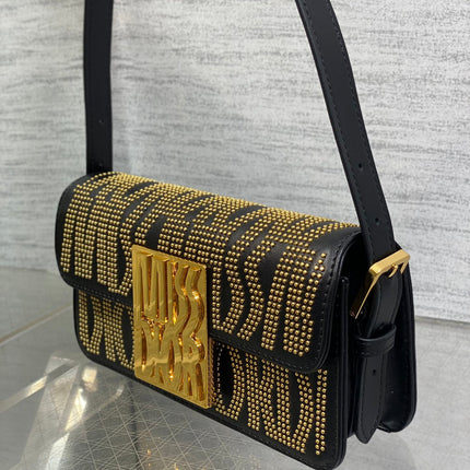 MINI FLAP BAG 18 IN BLACK LAMBSKIN WITH GOLD RHINSTONES