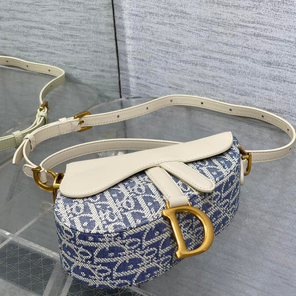DIOR 25S MINI SOFT SADDLE BAG 19 IN BLUE DIOR OBLIQUE CHAMBRAY AND IVORY SMOOTH CALFSKIN