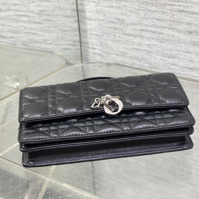 DIOR 25S DIOR TALK PHONE POUCH 21 IN BLACK CANNAGE LAMBSKIN SILVER HARDWARE