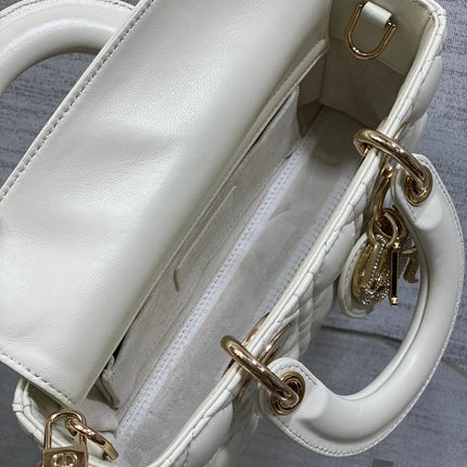 DIOR 25S SMALL LADY D‑JOY BAG 22 IN IVORY CALFSKIN GOLD HARDWARE