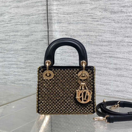 DIOR 25S MINI LADY D-LITE BAG 12 IN BLACK CANVAS AND CALFSKIN CRYSTAL-STUDDED