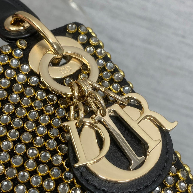 DIOR 25S MINI LADY D-LITE BAG 12 IN BLACK CANVAS AND CALFSKIN CRYSTAL-STUDDED