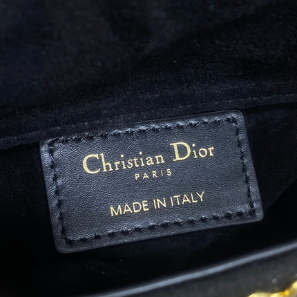 DIOR 25S MINI LADY D-LITE BAG 12 IN BLACK CANVAS AND CALFSKIN CRYSTAL-STUDDED