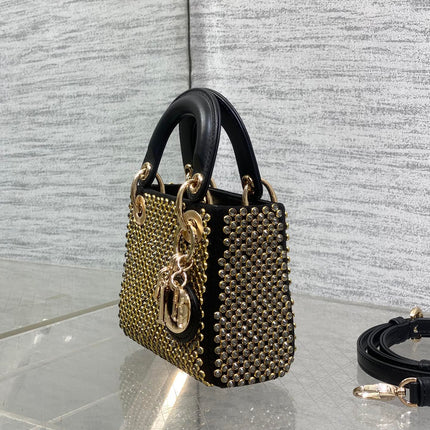 DIOR 25S MINI LADY D-LITE BAG 12 IN BLACK CANVAS AND CALFSKIN CRYSTAL-STUDDED