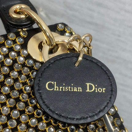 DIOR 25S MINI LADY D-LITE BAG 12 IN BLACK CANVAS AND CALFSKIN CRYSTAL-STUDDED