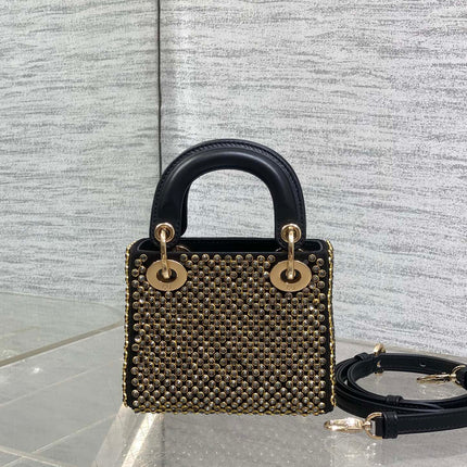 DIOR 25S MINI LADY D-LITE BAG 12 IN BLACK CANVAS AND CALFSKIN CRYSTAL-STUDDED