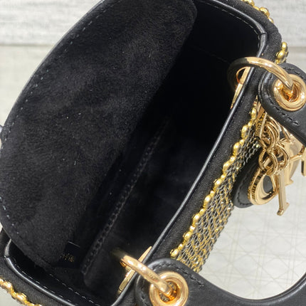 DIOR 25S MINI LADY D-LITE BAG 12 IN BLACK CANVAS AND CALFSKIN CRYSTAL-STUDDED