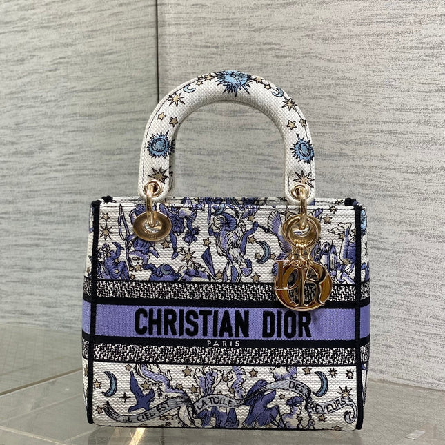 DIOR 25S SMALL LADY D-LITE BAG 24 IN PURPLE DIOR NIGHT OF DREAMS EMBROIDERY