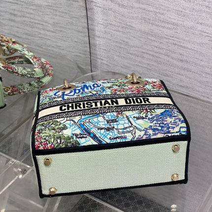 DIOR 25S SMALL LADY D-LITE BAG 24 IN BLUE AND WHITE CANVAS FLORAL EMBROIDERY
