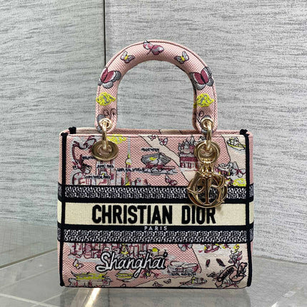 DIOR 25S SMALL LADY D-LITE BAG 24 IN PINK CANVAS DIOR BUTTERFLY