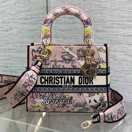 DIOR 25S SMALL LADY D-LITE BAG 24 IN PINK CANVAS DIOR BUTTERFLY