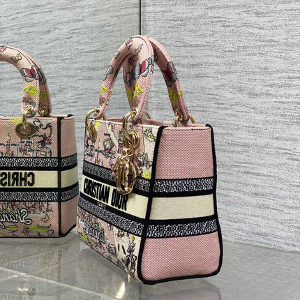 DIOR 25S SMALL LADY D-LITE BAG 24 IN PINK CANVAS DIOR BUTTERFLY