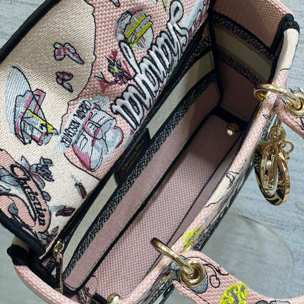 DIOR 25S SMALL LADY D-LITE BAG 24 IN PINK CANVAS DIOR BUTTERFLY