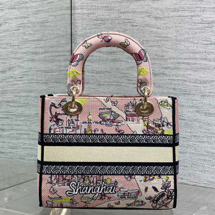DIOR 25S SMALL LADY D-LITE BAG 24 IN PINK CANVAS DIOR BUTTERFLY