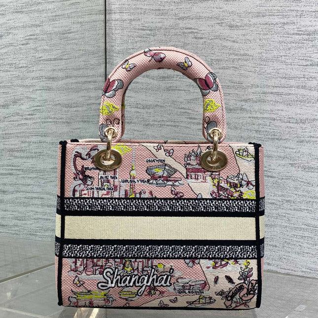 DIOR 25S SMALL LADY D-LITE BAG 24 IN PINK CANVAS DIOR BUTTERFLY