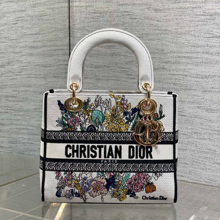 DIOR 25S SMALL LADY D-LITE BAG 24 IN WHITE DIOR FLOWERS CALENDAR ALLOVER EMBROIDERY