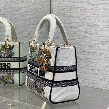 DIOR 25S SMALL LADY D-LITE BAG 24 IN WHITE DIOR FLOWERS CALENDAR ALLOVER EMBROIDERY