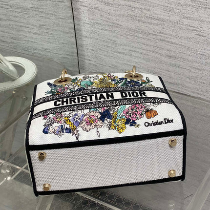 DIOR 25S SMALL LADY D-LITE BAG 24 IN WHITE DIOR FLOWERS CALENDAR ALLOVER EMBROIDERY