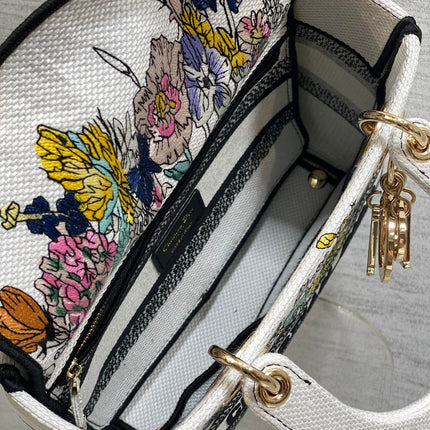 DIOR 25S SMALL LADY D-LITE BAG 24 IN WHITE DIOR FLOWERS CALENDAR ALLOVER EMBROIDERY