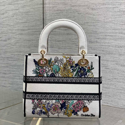 DIOR 25S SMALL LADY D-LITE BAG 24 IN WHITE DIOR FLOWERS CALENDAR ALLOVER EMBROIDERY