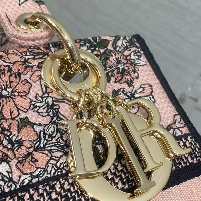 DIOR 25S SMALL LADY D-LITE BAG 24 IN PINK DIOR FLOWERS CALENDAR ALLOVER EMBROIDERY