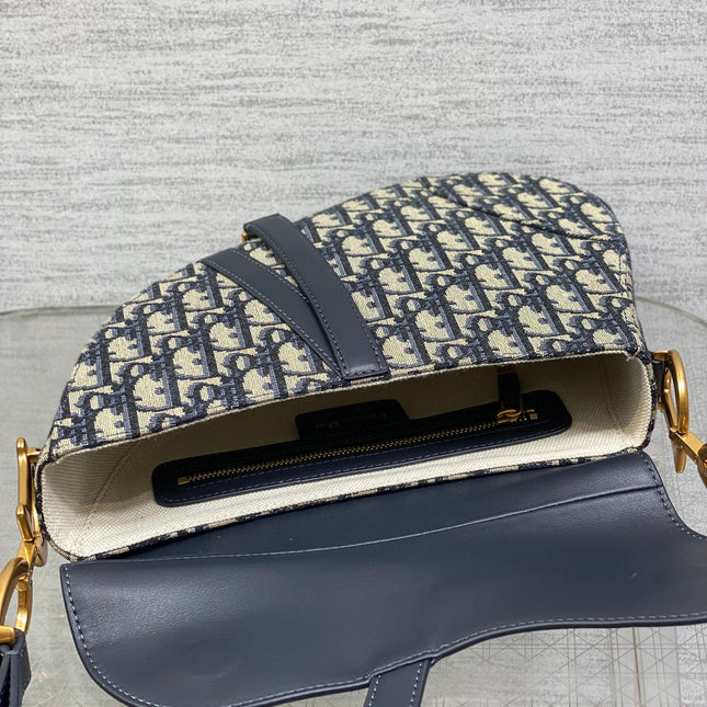 DIOR 25S MINI SOFT SADDLE BAG 19 IN BLUE DIOR OBLIQUE JACQUARD AND SMOOTH CALFSKIN