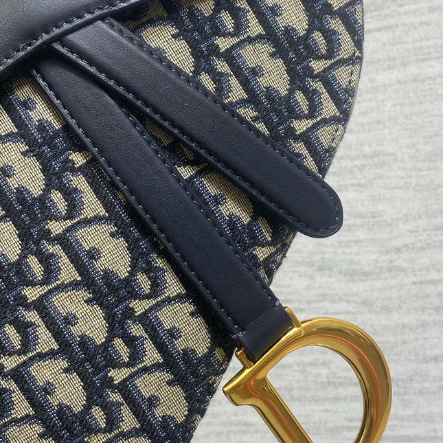 DIOR 25S MINI SOFT SADDLE BAG 19 IN BLUE DIOR OBLIQUE JACQUARD AND SMOOTH CALFSKIN