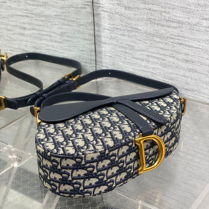 DIOR 25S MINI SOFT SADDLE BAG 19 IN BLUE DIOR OBLIQUE JACQUARD AND SMOOTH CALFSKIN
